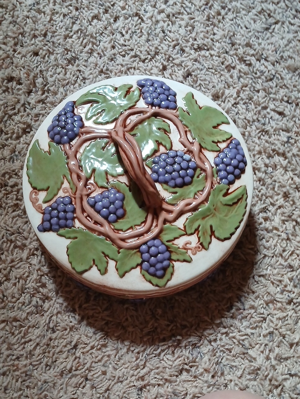 Ceramic Serving Dish with Green Leaves & Purple Grapes